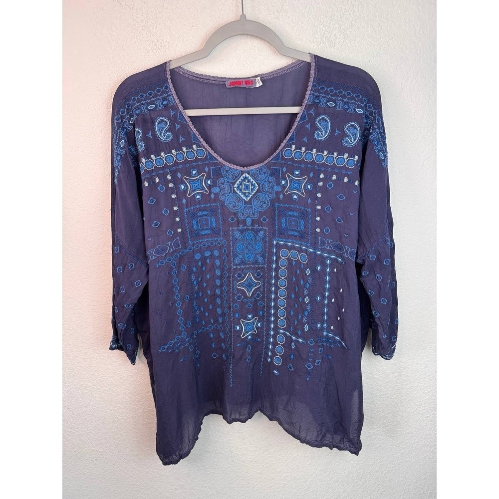Johnny Was Embroidered Tunic Top Womens M Relaxed Cupra Rayon Artsy Boho Peasant